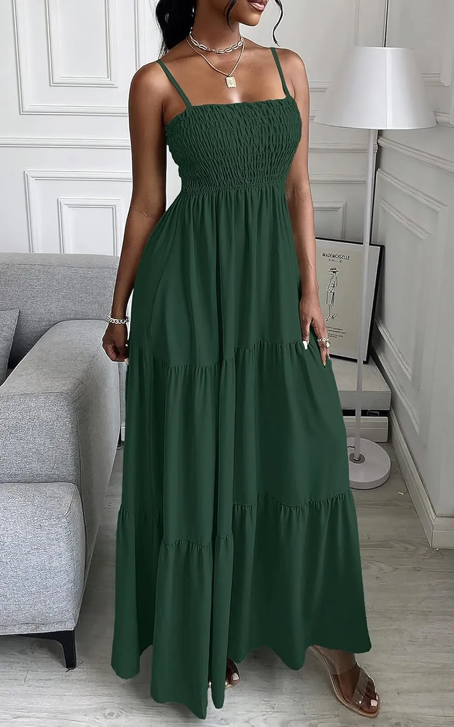 PRETTYGARDEN Women's Summer Maxi Dress 2025 Casual Boho Sleeveless Spaghetti Strap Smocked Tiered Long Beach Sundresses