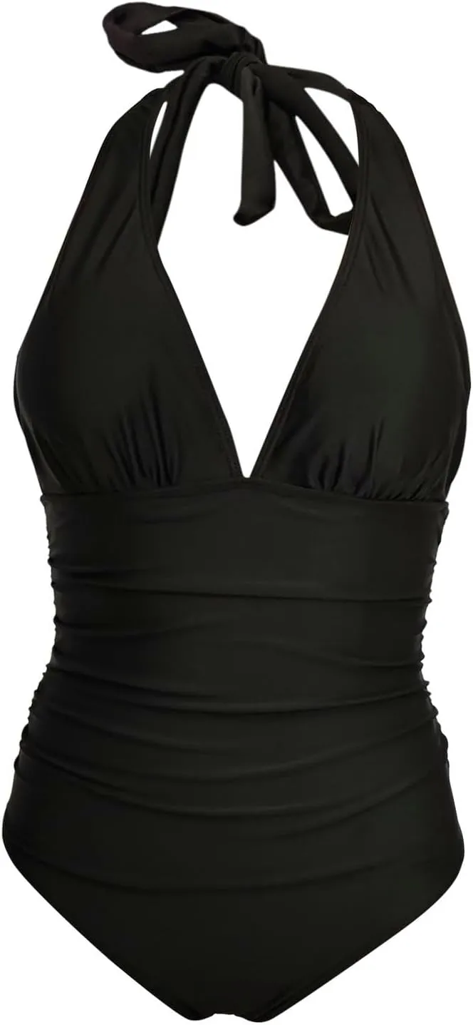 PTOLOCIF Womens One Piece Bathing Suit Tummy Control Swimsuits Cheeky High Cut Bathing Suits Halter Neck Slimming Swimwear