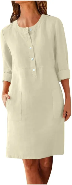 Roll Up Long Sleeve Cotton Linen Shirt Dresses for Women Ladies Summer Casual Button Up Knee Length Dress with Pockets