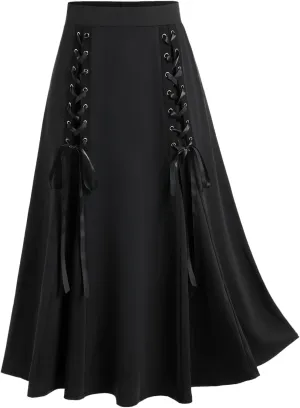 Rosegal Plus Size Gothic Lace Up Two Tone Godet Hem Midi A Line High Waisted Skirt