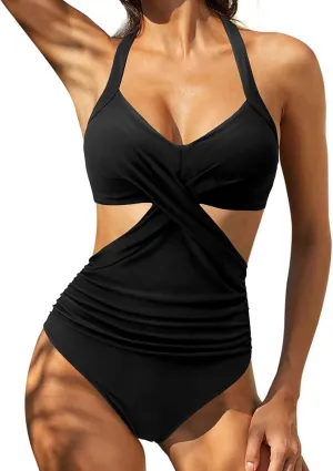 Rvidbe Womens One-Piece Swimsuit Ruched Tummy Control High Cut Backless V Neck Bathing Suits Swimwear One-Piece Swimsuit Women Sexy Tummy Control Swimsuits for Women 1 Piece Swimsuit
