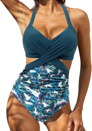 Rvidbe Womens One-Piece Swimsuit Ruched Tummy Control High Cut Backless V Neck Bathing Suits Swimwear Sexy One-Piece Swimsuit for Women Tummy Control Swimsuits for Women One-Piece Swimsuit