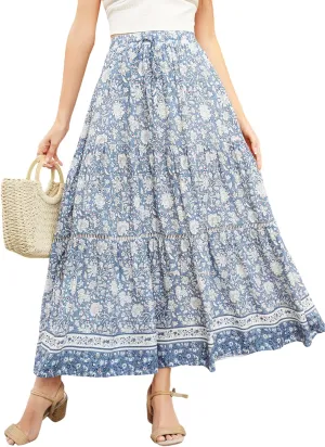 R.Vivimos Womens Summer Cotton Vintage Floral Print Boho Casual Ruffled Flowy Maxi Skirt