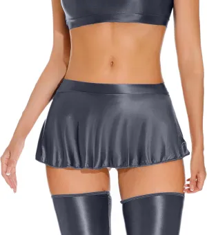 SEAUR Women's Shiny Oil Glossy Skirt Seamless Smooth Sexy Mini Ruffled Pleated Skirts