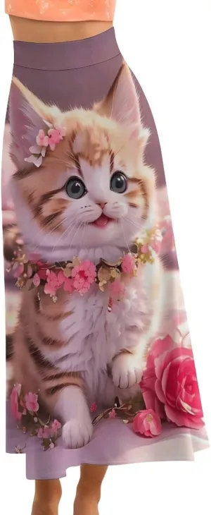Seductive Fairy Cat Thai Style Maxi Skirts High Waist Hidden Zip Ruffle Bohemia Summer Skirts