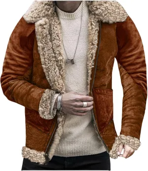 Sherpa Fleece Lined Jacket Men Printing Suede Sherpa Shearling Faux Fur Leather Coat Soft Fur Collar Warm Winter Coat