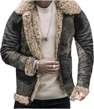 Sherpa Fleece Lined Jacket Men Printing Suede Sherpa Shearling Faux Fur Leather Coat Soft Fur Collar Warm Winter Coat