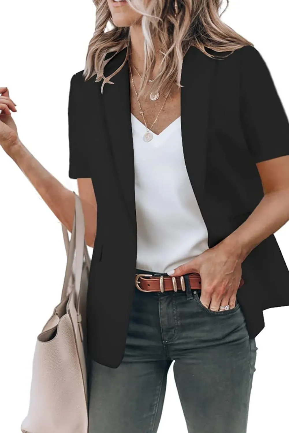 Short Sleeve Blazers for Women Business Casual Work Office Suit Jackets Lightweight Elegant Open Front Lapel Jacket