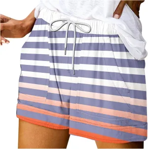 Shorts for Women Drawstring High Waisted Wide Leg Loose Fit Gradient Striped Color Block Short Trouser with Pockets