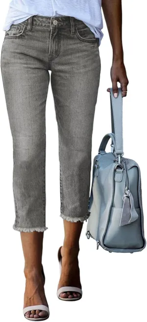 Sidefeel Women's Straight Leg Capri Jeans Trendy 2025 High Waisted Stretchy Summer Denim Capri Pants Gray Size 16