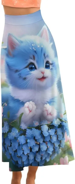 Simple Blue Cat Thai Style Maxi Skirts High Waist Hidden Zipper Ruffle Bohemia Summer Skirts