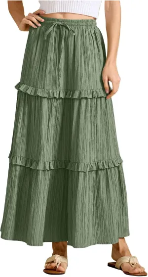 Skirts for Women High Waisted Elastic Drawstring Tiered Ruffled Maxi Skirt Solid Color Summer Vacation Casual Dress