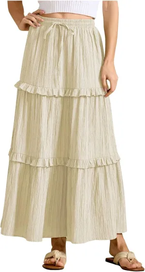 Skirts for Women High Waisted Elastic Drawstring Tiered Ruffled Maxi Skirt Solid Color Summer Vacation Casual Dress