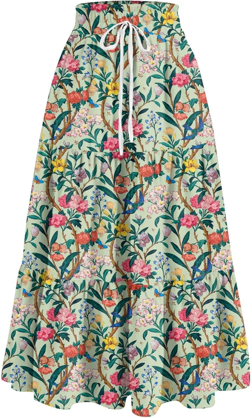 Skirts for Women Trendy Ruffled Summer Plain Color Retro Pleated Skirts Flowy Casual Long Skirt