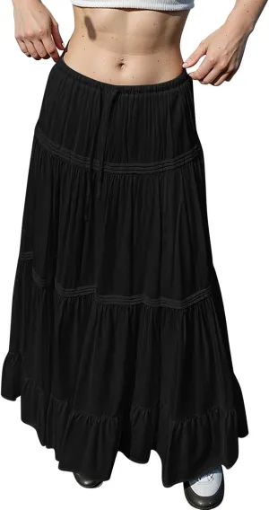 Skirts for Women Trendy Ruffled Summer Plain Color Retro Pleated Skirts Flowy Casual Long Skirt