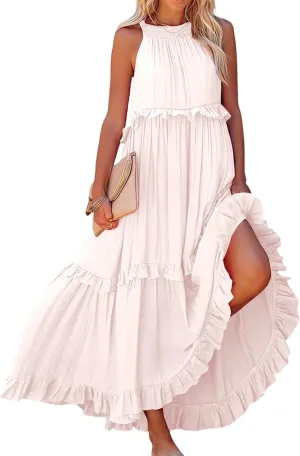 Smocked Maxi Dress for Women Flowy Round Neck Lace Up Sleeveless Dresses Summer Casual Tiered Ruffle Hem Tank Dress