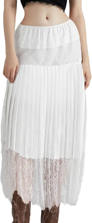 SOLILOQUY Women Y2k Lace Midi Skirts Fairy Lace Half Slip Skirt Pleated Ruffle Floral Lace Tiered Maxi Long Skirt Underskirt