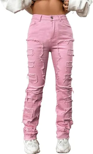 SOMTHRON Women's Stacked Jeans High Waisted Skinny Straight Leg Patchwork Ripped Frayed Raw Hem Denim Pants