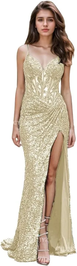 Spaghetti Strap Sequin Prom Dresses with Slit 2025 Sparkly Lace Appliques Mermaid Formal Evening Gown for Women