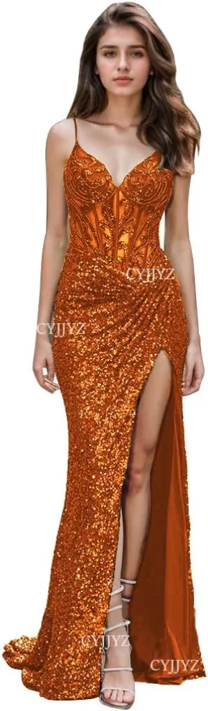 Spaghetti Strap Sequin Prom Dresses with Slit 2025 Sparkly Lace Appliques Mermaid Formal Evening Gown for Women