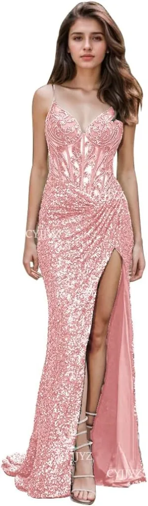 Spaghetti Strap Sequin Prom Dresses with Slit 2025 Sparkly Lace Appliques Mermaid Formal Evening Gown for Women