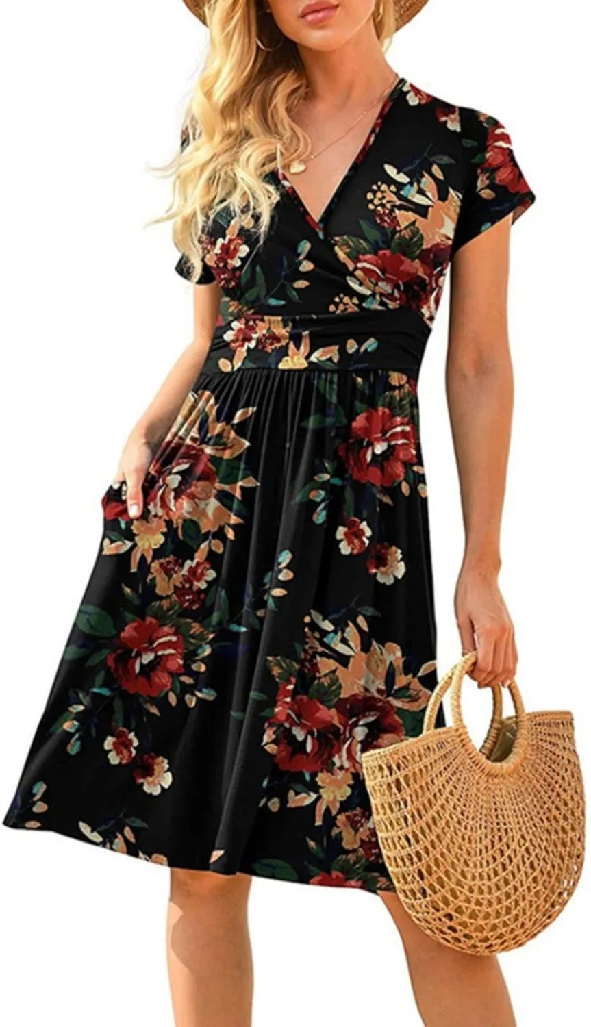 Spring Summer Dresses for Women Short Sleeve Wrap V-Neck Casual Swing Dress Floral Party Midi Dress with Pockets