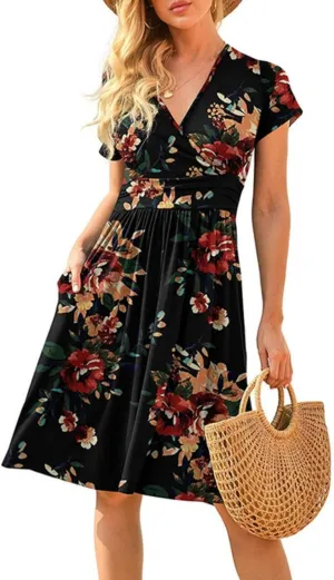 Spring Summer Dresses for Women Short Sleeve Wrap V-Neck Casual Swing Dress Floral Party Midi Dress with Pockets