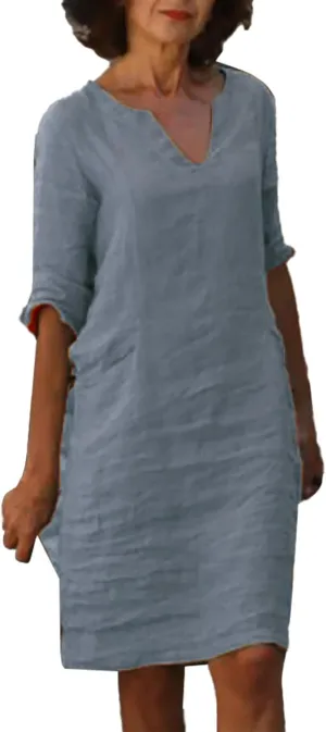 Summer Cotton Linen Short Sleeve Dresses for Women V Neck Spring Skirt Travel Vacation Outfits Church Work Dresses