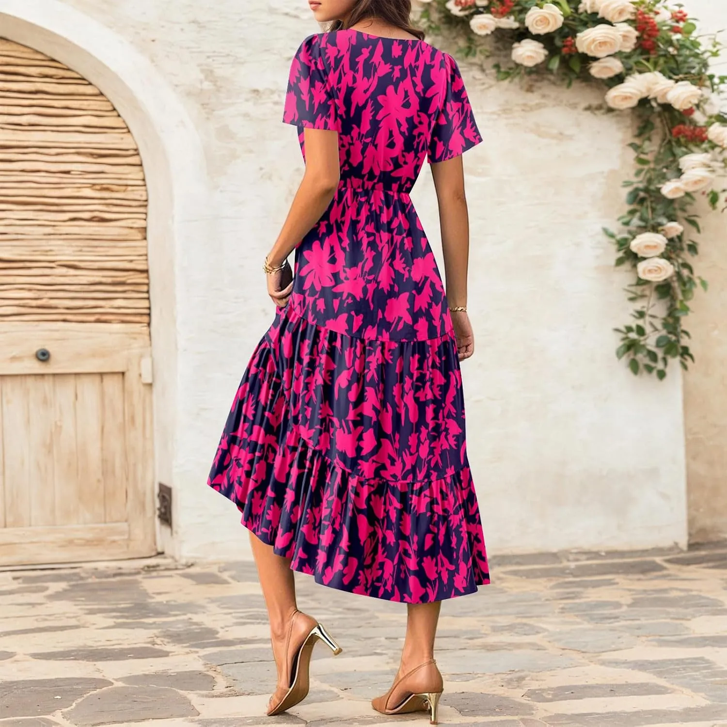 Summer Dresses for Women Boho Maxi Dresses Casual V Neck Short Sleeve A-line Empire Waist Long Flowy Beach Dress