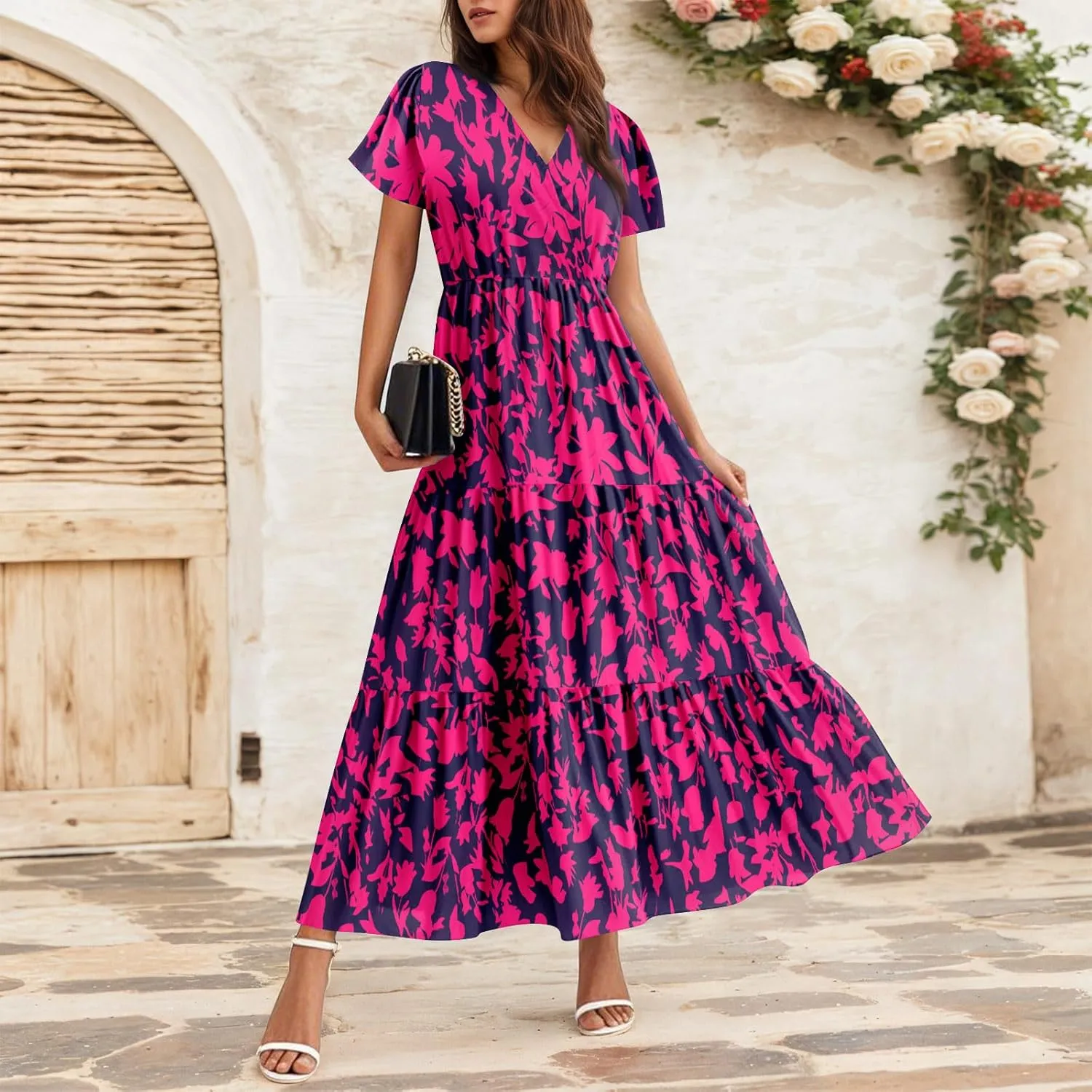 Summer Dresses for Women Boho Maxi Dresses Casual V Neck Short Sleeve A-line Empire Waist Long Flowy Beach Dress