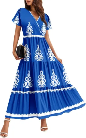 Summer Dresses for Women Boho Maxi Dresses Casual V Neck Short Sleeve A-line Empire Waist Long Flowy Beach Dress