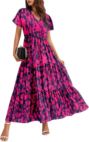 Summer Dresses for Women Boho Maxi Dresses Casual V Neck Short Sleeve A-line Empire Waist Long Flowy Beach Dress