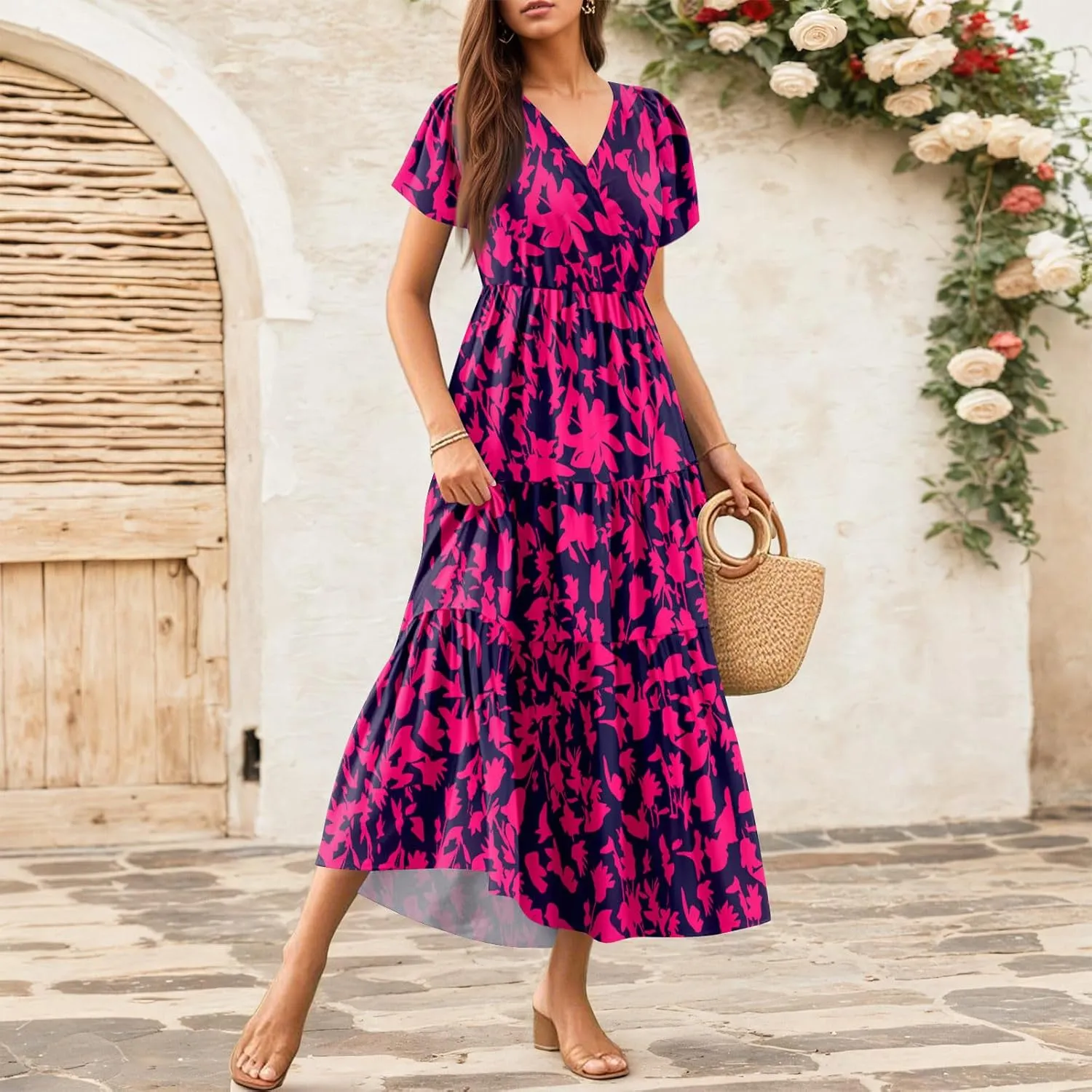 Summer Dresses for Women Boho Maxi Dresses Casual V Neck Short Sleeve A-line Empire Waist Long Flowy Beach Dress