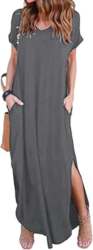 Summer Dresses for Women Casual Maxi Dress V Neck Short Sleeve Sundress Side Split Boho Dresses Beach Vacation Dress