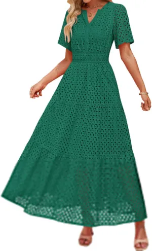 Summer Dresses for Women Hollow V Neck Short Sleeve Maxi Dresses High Waist Loose Fit Casual Ruffle Sundress 2025