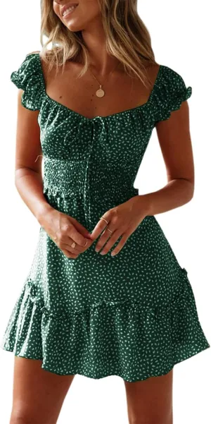 Summer Mini Dress for Women Sexy Lace Up U Neck Short Sleeve Mini Dresses Trendy Slim Floral Tunic Ruffle Hem Dress