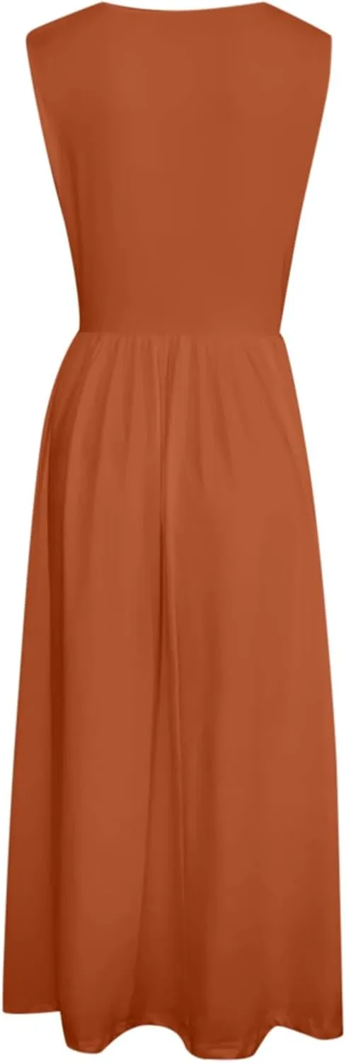 Summer Racerback Knit Sundress Sleeveless Boho Dress with Pockets Breathable Beach-to-Travel Midi A-Line Dress