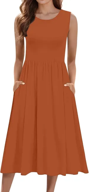 Summer Racerback Knit Sundress Sleeveless Boho Dress with Pockets Breathable Beach-to-Travel Midi A-Line Dress