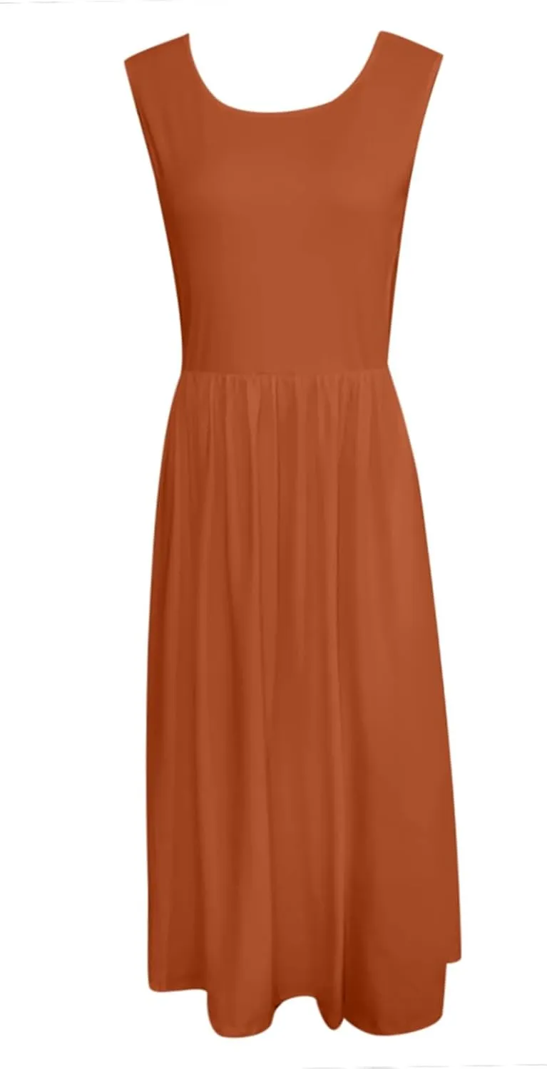 Summer Racerback Knit Sundress Sleeveless Boho Dress with Pockets Breathable Beach-to-Travel Midi A-Line Dress