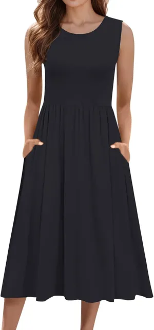 Summer Racerback Knit Sundress Sleeveless Boho Dress with Pockets Breathable Beach-to-Travel Midi A-Line Dress