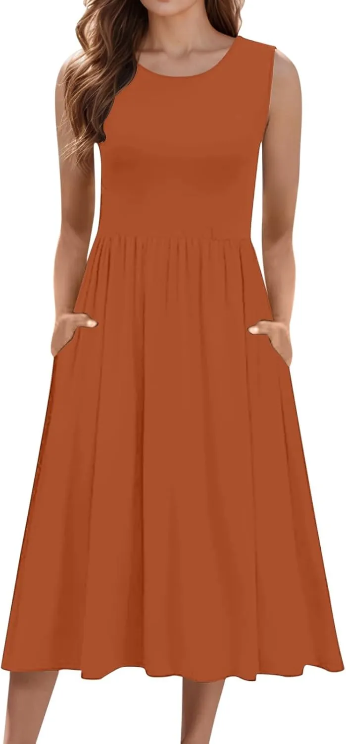 Summer Racerback Knit Sundress Sleeveless Boho Dress with Pockets Breathable Beach-to-Travel Midi A-Line Dress