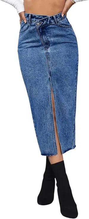SweatyRocks Women's Casual High Waist Denim Skirt Split Hem Raw Trim Midi Jean Skirts