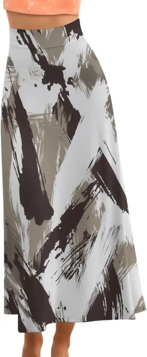 Sweet Abstract Brushmark Thai Style Maxi Skirts High Waist Invisible Zip Ruffle Flowy Beach Skirts