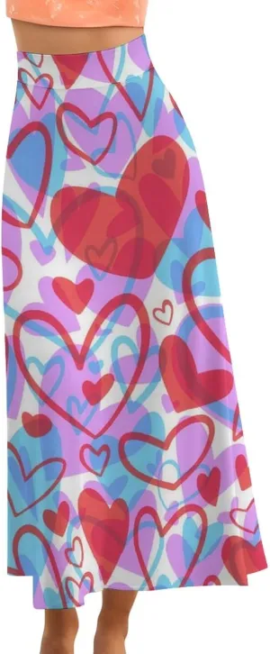 Sweet Red Hearts Thai Style Maxi Skirts High Waist Invisible Zipper Ruffled Bohemia Autumn Skirts