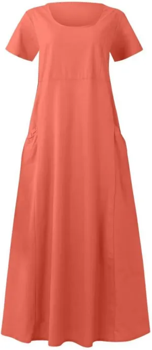 Swing Dresses for Women Casual Short Sleeve Cotton Linen Dress Solid Color Loose Beach Sundress Flowy Maxi Dress