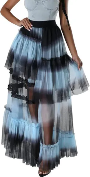 Tcremisa Women's Sheer Mesh Layered Ruffle Skirts Patchwork Tie Dye Elastic Waist Stretchy Tulle Long Skirts
