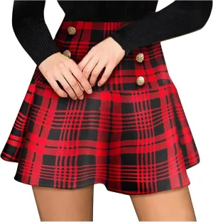 tuduoms Women Plaid Pleated Mini Skater Skirt Button High Waisted Flared School Uniform Mini Skirt Cheerleader a Line Skirts