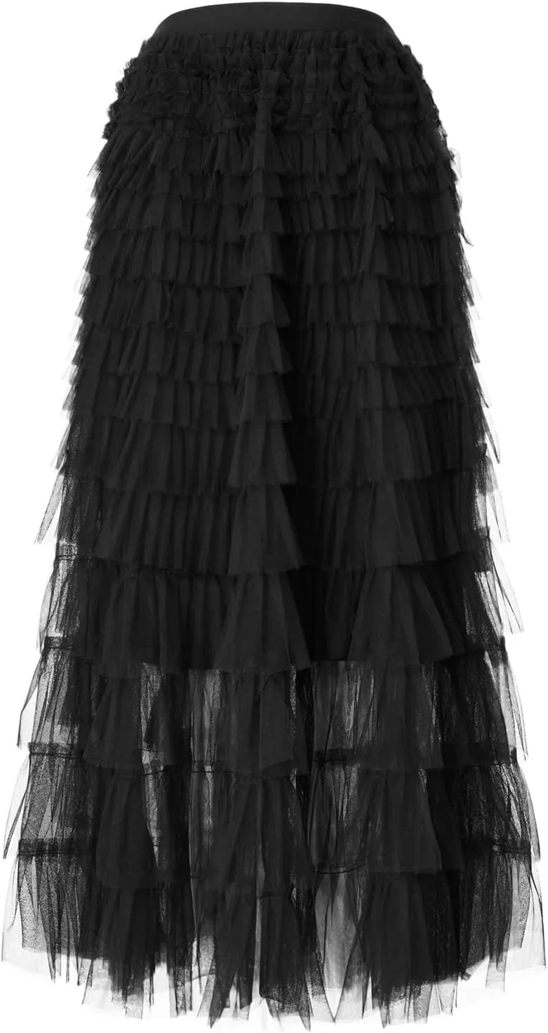 Tulle Long Skirt for Women Layered Ruffle Tutu Skirt Elastic Tiered Pleated Mesh A-Line Midi Skirts Prom Wedding