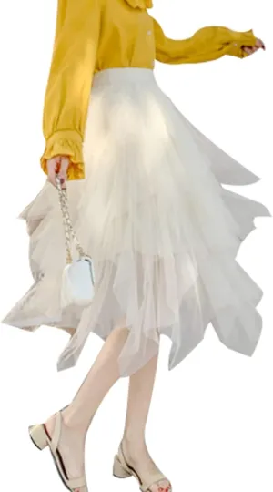 Tulle Long Skirt for Women Layered Ruffle Tutu Skirt Elastic Tiered Pleated Mesh A-Line Midi Skirts Prom Wedding