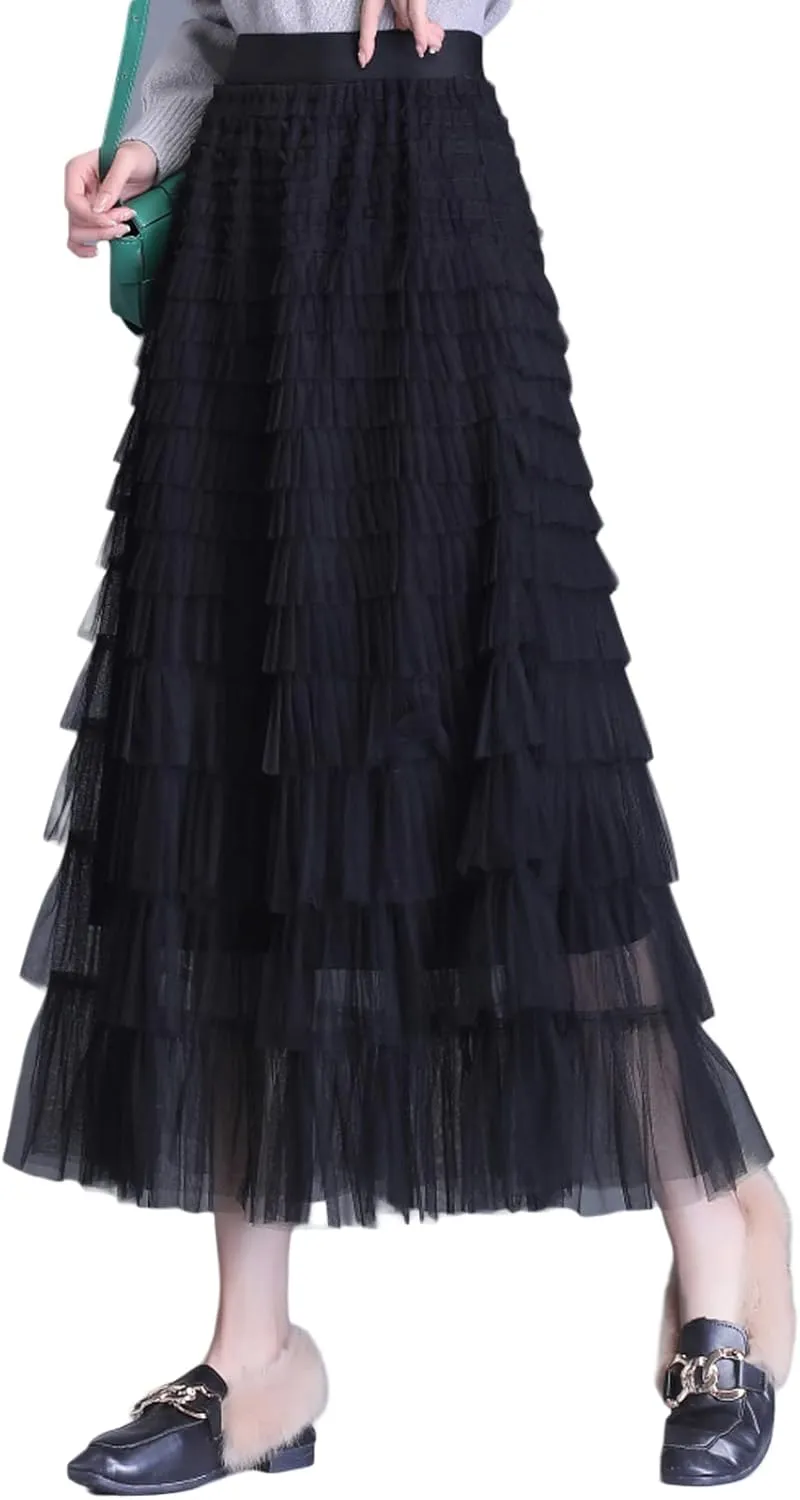 Tulle Long Skirt for Women Layered Ruffle Tutu Skirt Elastic Tiered Pleated Mesh A-Line Midi Skirts Prom Wedding